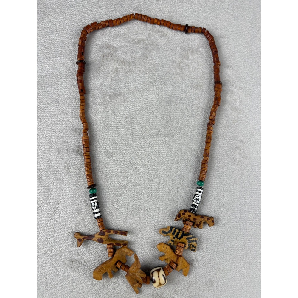 Vintage Hand Carved Wood Safari Animal Bead Necklace Brown Giraffe Tiger Boho